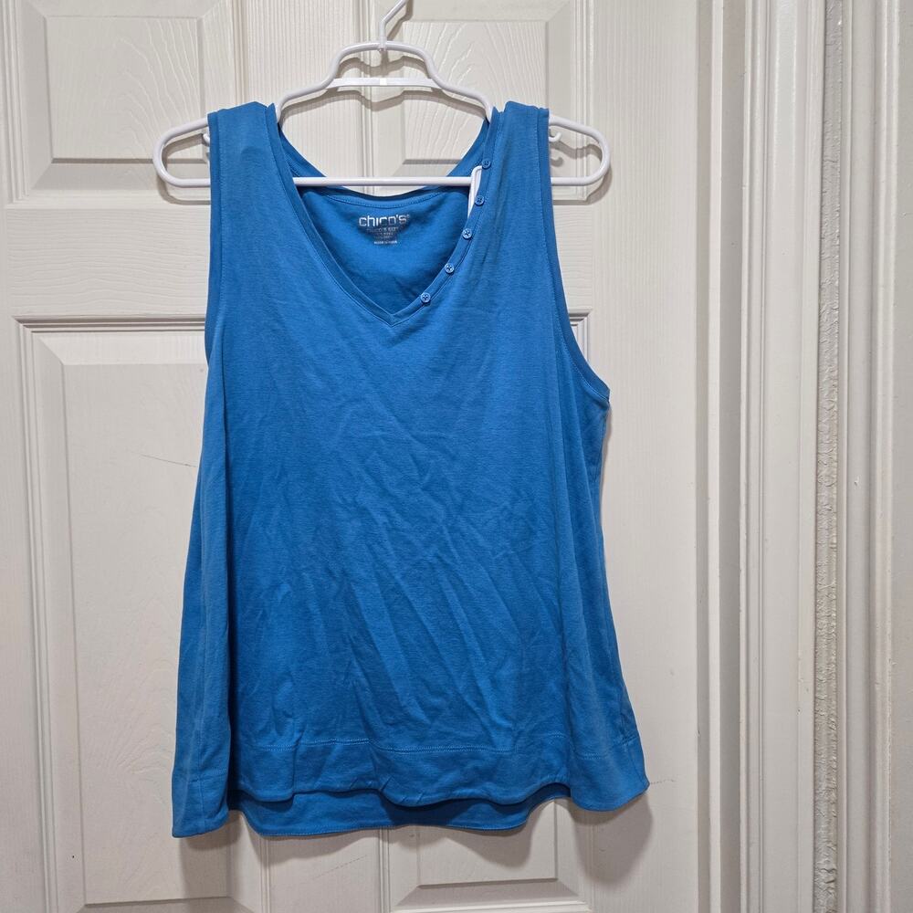 Chico's Blue Sleeveless V-Neck Button Tank Top Size 2 (L) 100% Cotton - Picture 5 of 8